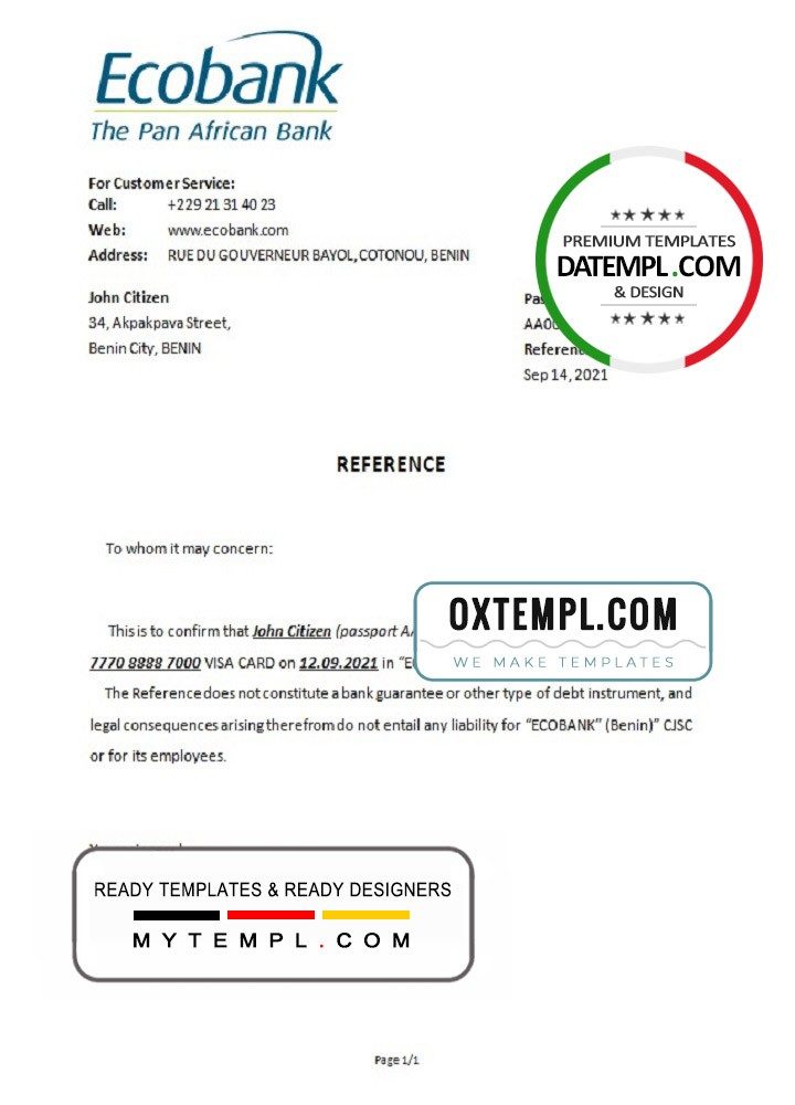 Beninois Ecobank bank account closure reference letter example in Word and PDF format