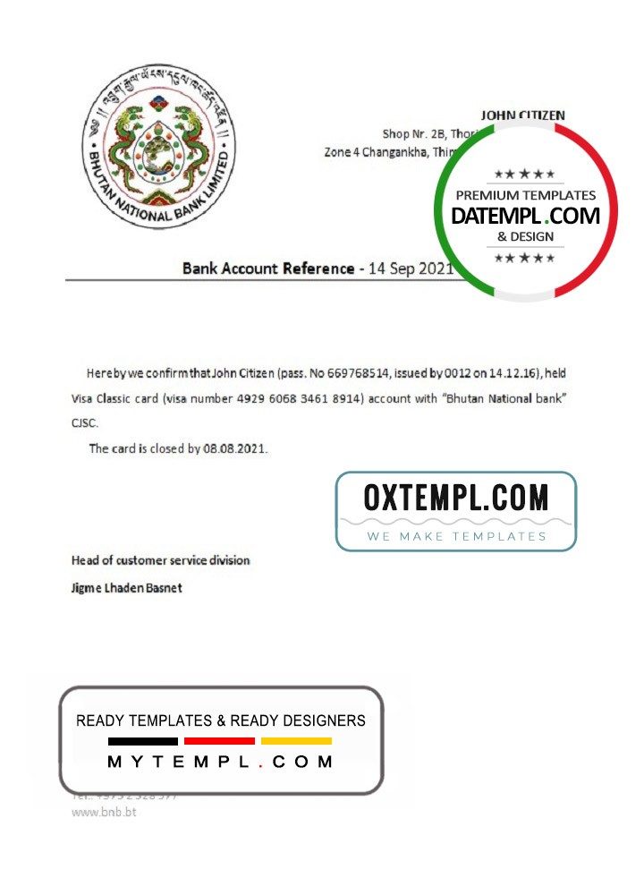 Bhutanese National Bank account closure reference letter example in Word and PDF format