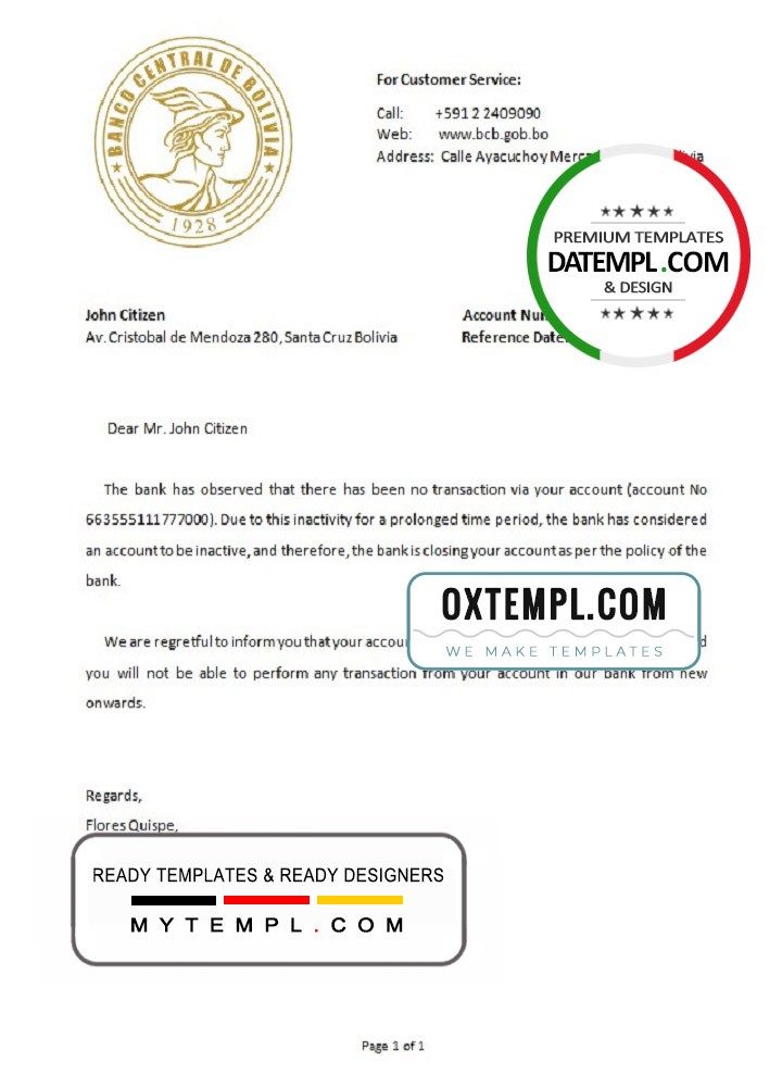 Bolivian Banco Central de Bolivian bank account closure reference letter example in Word and PDF format