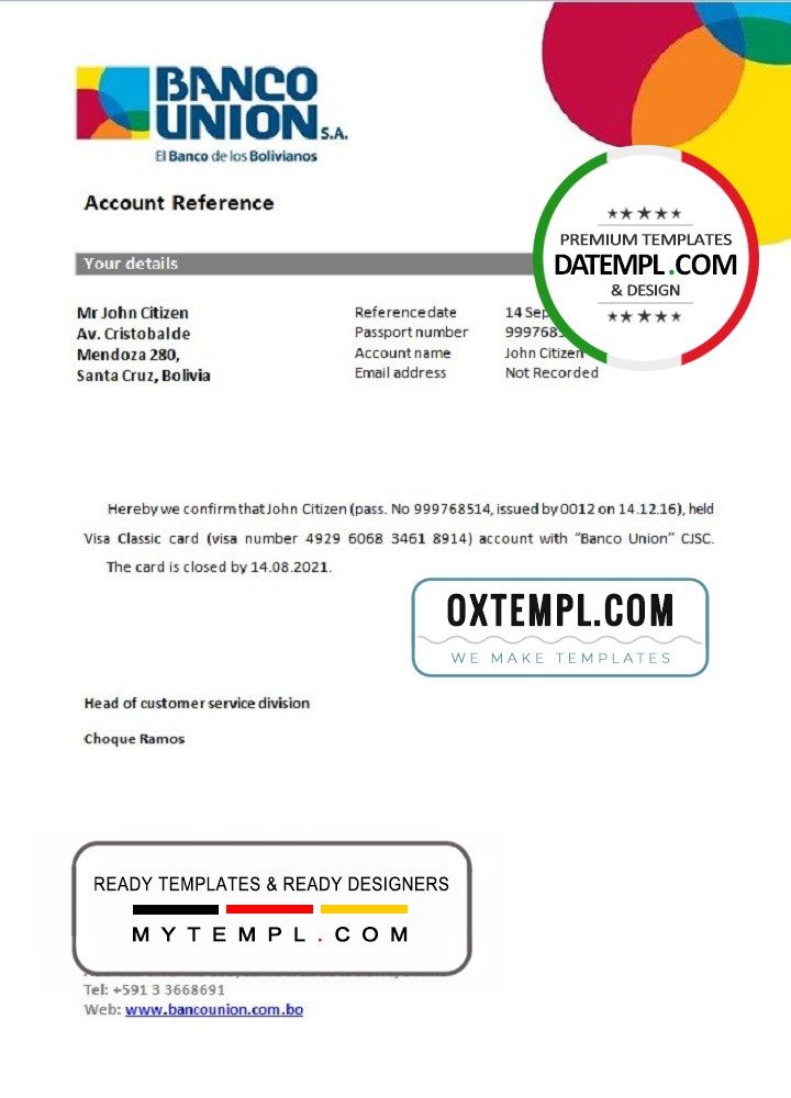 Bolivian Banco Union bank account closure reference letter example in Word and PDF format