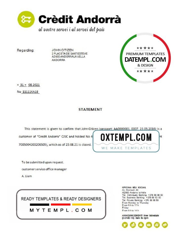 Andorran Credit Andorran bank account closure reference letter example in Word and PDF format