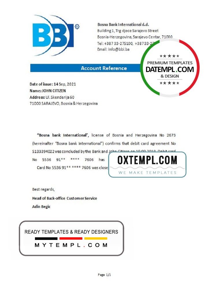 Bosnian Bosna Bank International bank account closure reference letter example in Word and PDF format