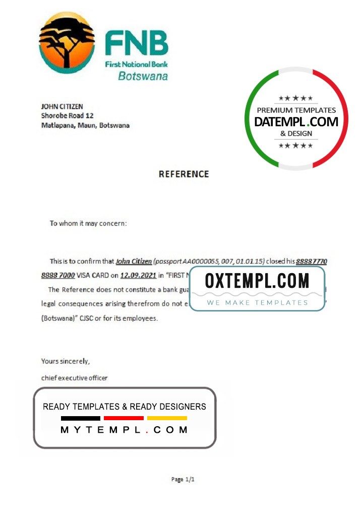 Botswana First National Bank (FNB) account closure reference letter example in Word and PDF format