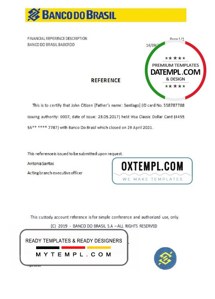 Brazilian Banco do Brasil bank account closure reference letter example in Word and PDF format