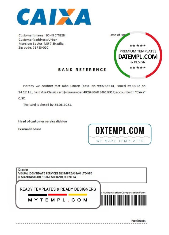 Brazilian Caixa bank account closure reference letter example in Word and PDF format