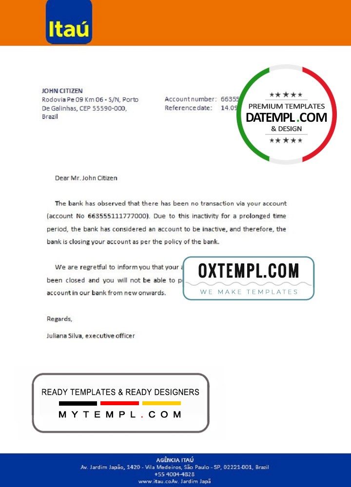 Brazilian Itau bank account closure reference letter example in Word and PDF format
