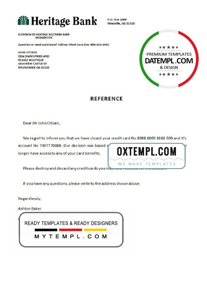 USA Heritage Bank bank account closure reference letter example in Word and PDF format