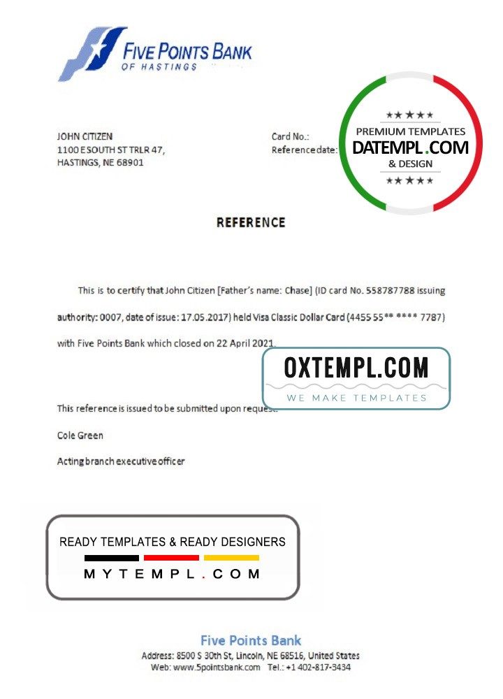 USA Five Points Bank bank account closure reference letter example in Word and PDF format