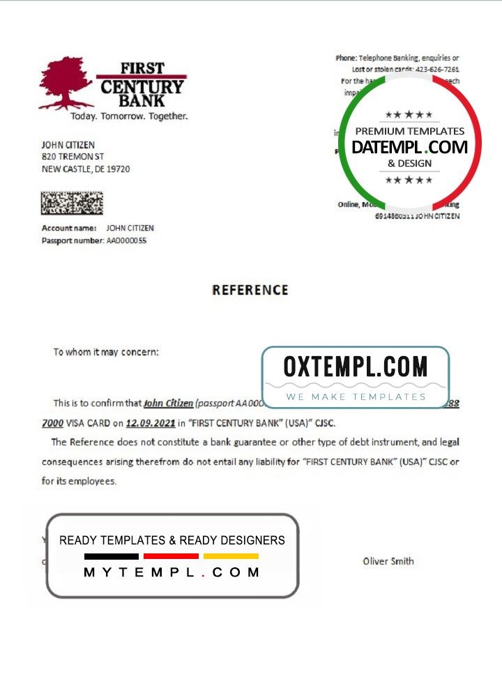 USA First Century Bank bank account closure reference letter example in Word and PDF format