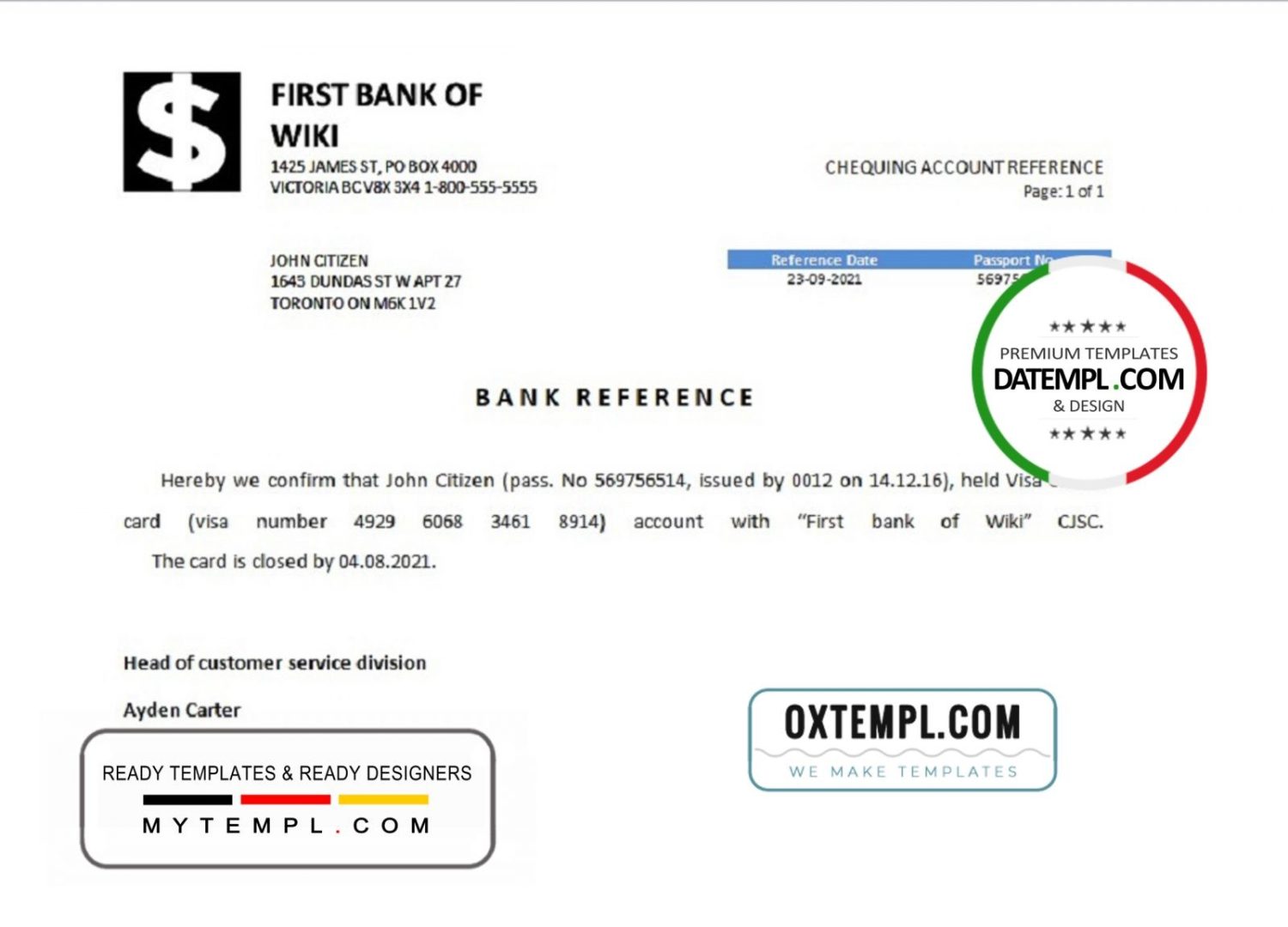 USA First Bank of Wiki bank account closure reference letter example in Word and PDF format