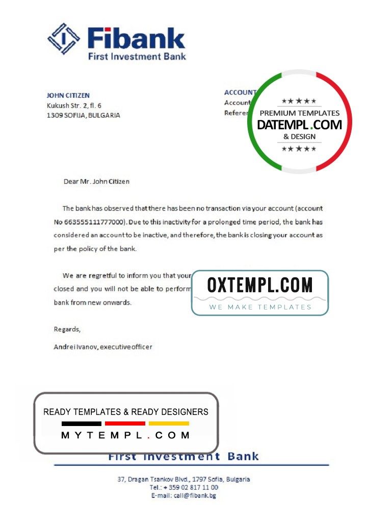 Bulgarian First Investment bank account closure reference letter example in Word and PDF format