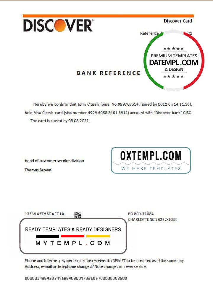 USA Discover bank account closure reference letter example in Word and PDF format