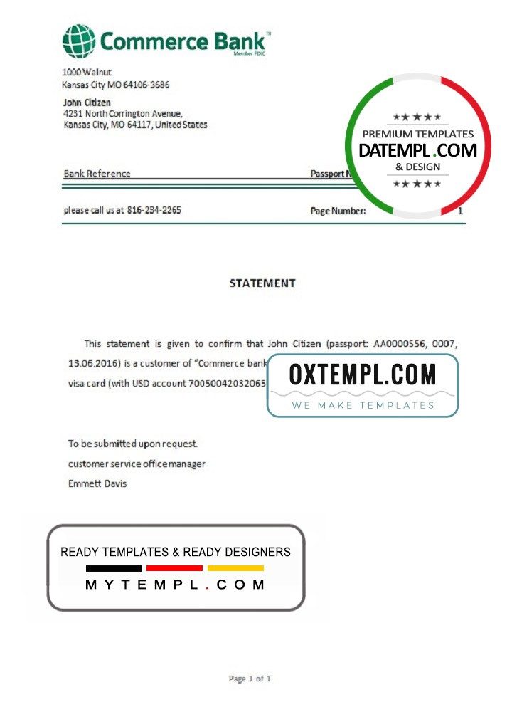 USA Commerce Bank bank account closure reference letter example in Word and PDF format