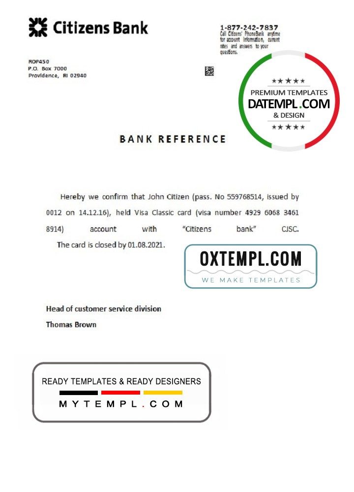 USA Citizens Bank bank account closure reference letter example in Word and PDF format
