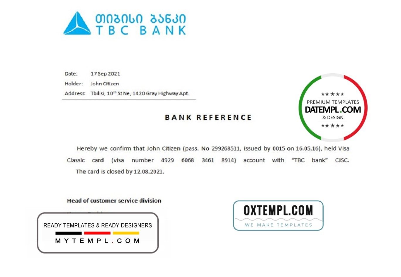 Georgian TBC bank account closure reference letter example in Word and PDF format