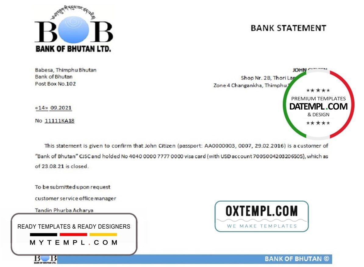 Bhutanese Bank of Bhutanese bank account closure reference letter example in Word and PDF format