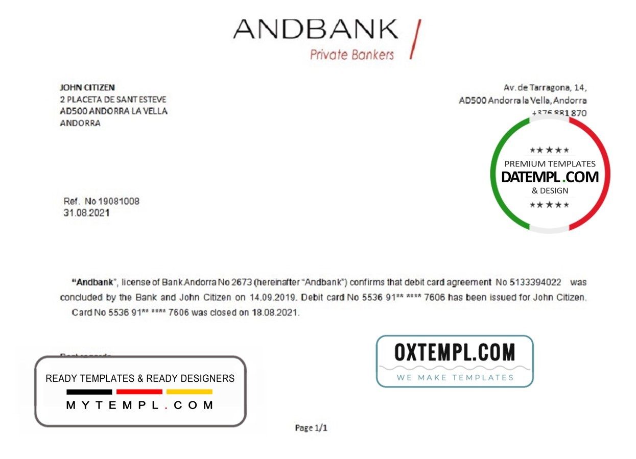 Andorran Andbank account closure reference letter example in Word and PDF format