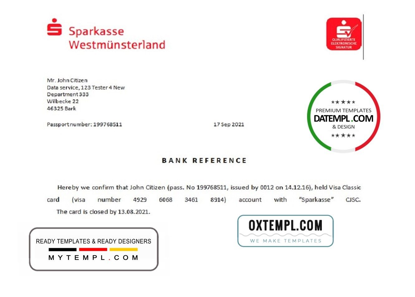 German Sparkasse bank account closure reference letter example in Word and PDF format
