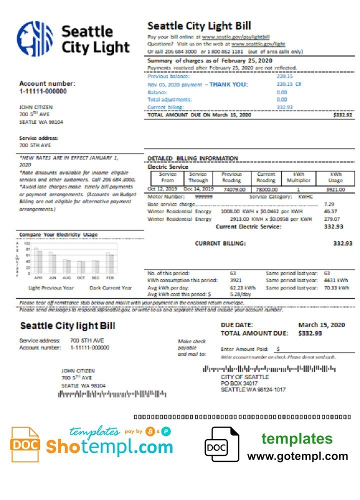 USA Washington Seattle City Light utility bill download example in Word and PDF format