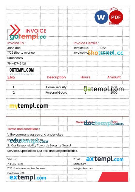 Security Guard Services Invoice example in word and pdf format
