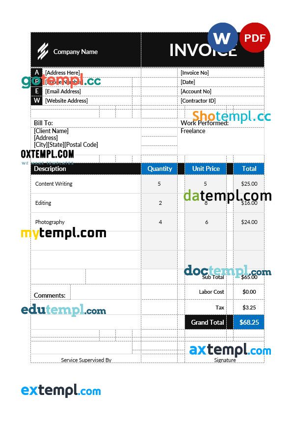 Self Employment Contractor Invoice example in word and pdf format