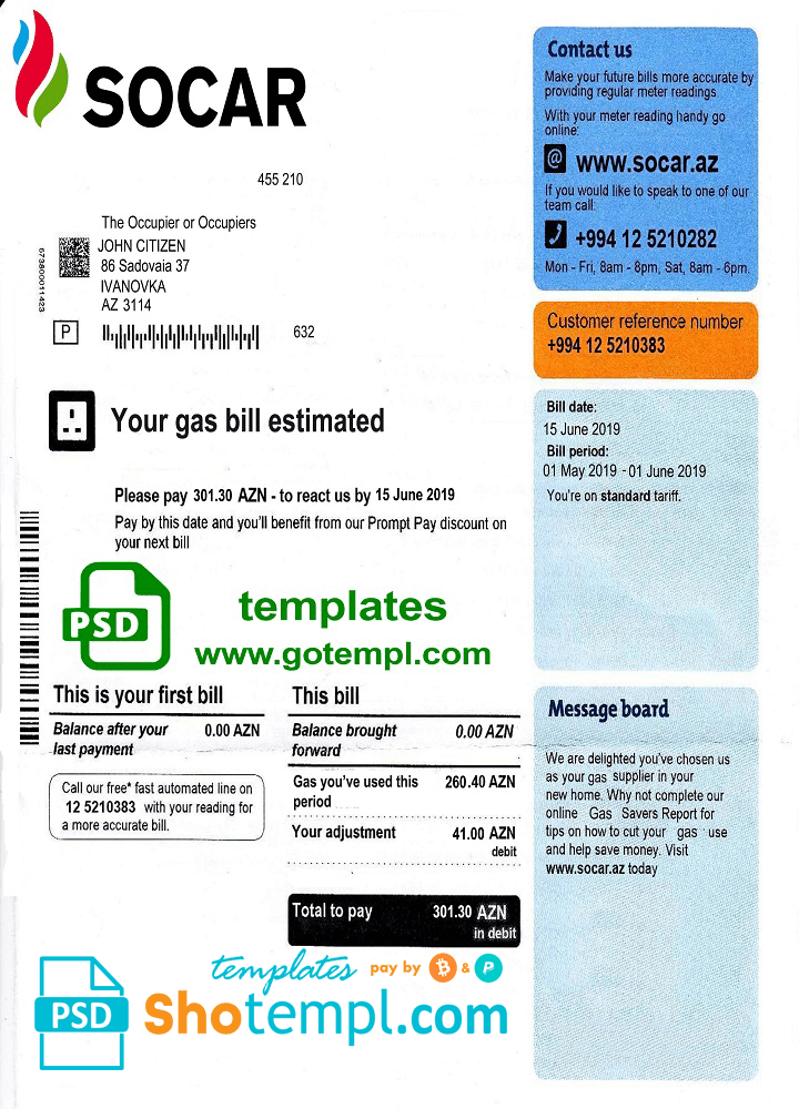 Azerbaijani Socar gas utility bill download example, fully editable in PSD format