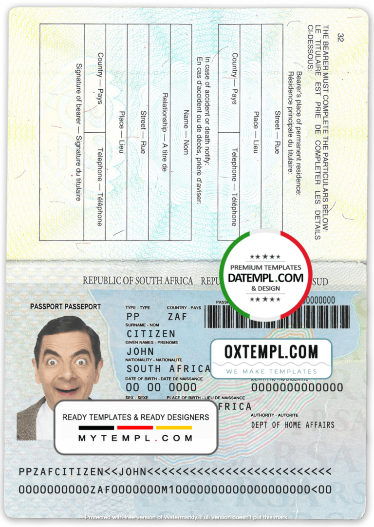 South African passport example in PSD format, 1996-2009