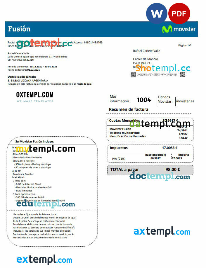 Spain Movistar Fusion telecom operator utility bill document in Word and PDF format