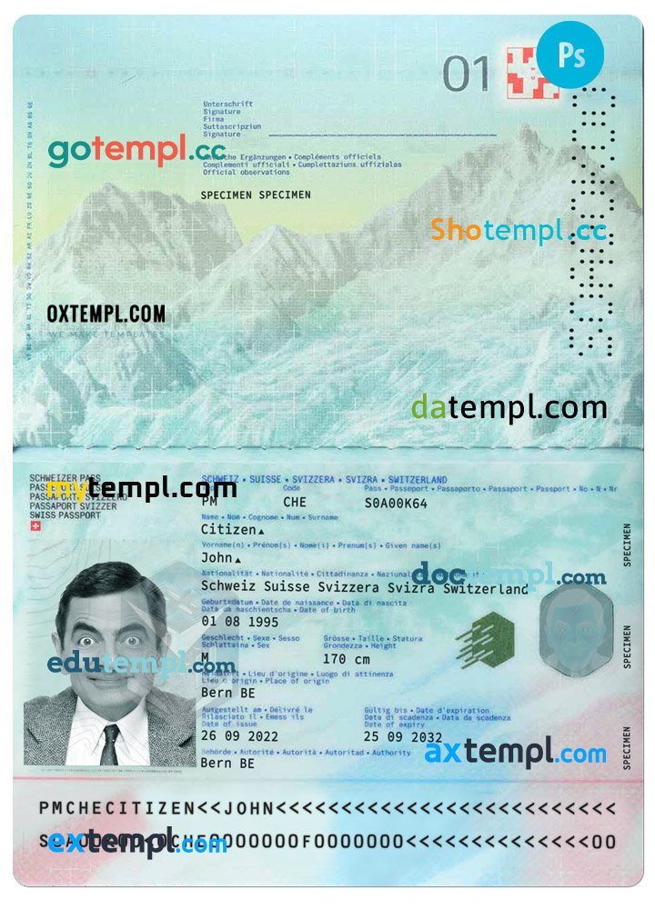 Switzerland passport template in PSD format, 2022-present