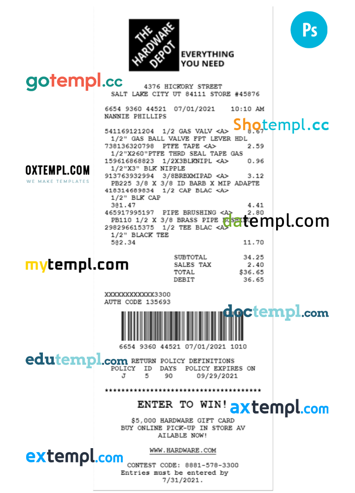 THE HARDWARE DEPOT receipt example PSD example