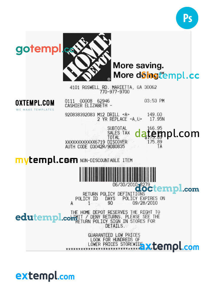THE HOME DEPOT payment receipt PSD example