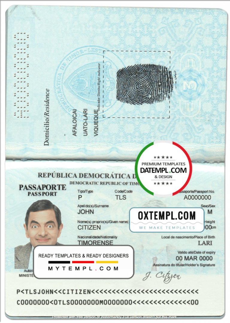Timor-Leste passport example in PSD format, fully editable