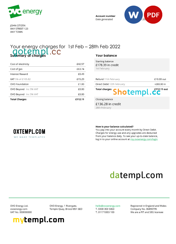 United Kingdom Ovo Energy electricity bill, Word and PDF example