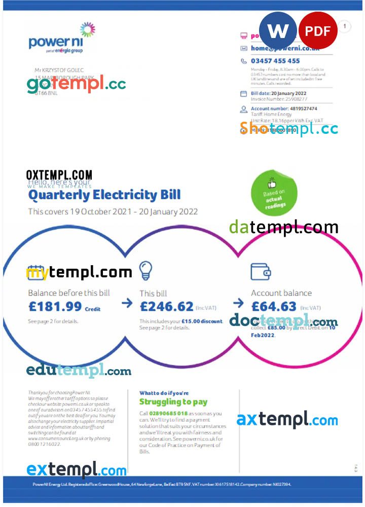 United Kingdom Power Ni utility bil Word and PDF example