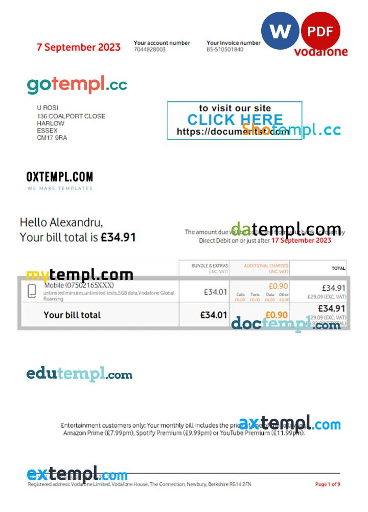 United Kingdom Vodafone utility bill download Word and PDF example