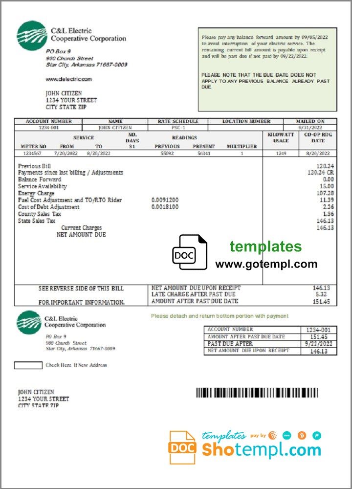 USA Arkansas C & L Electric Cooperative Corporation utility bill example in Word and PDF format