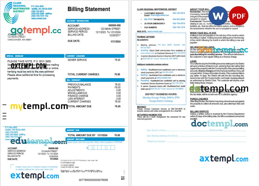USA CRWWD utility bill Word and PDF template, 2 pages