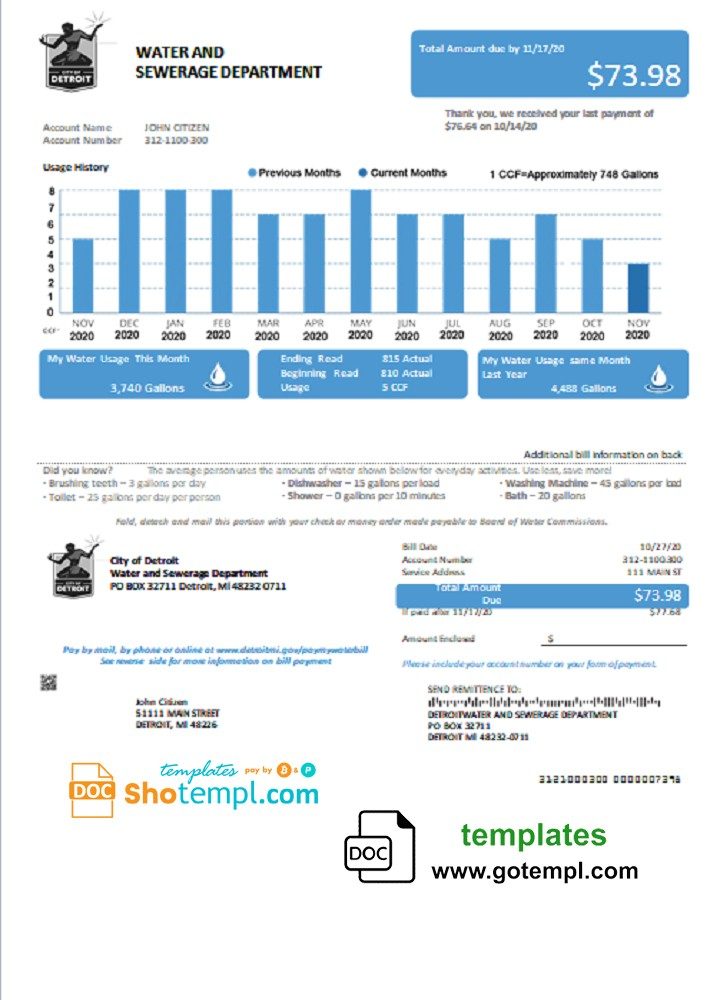 USA Ohio City of Detroit water utility bill download example in Word and PDF format