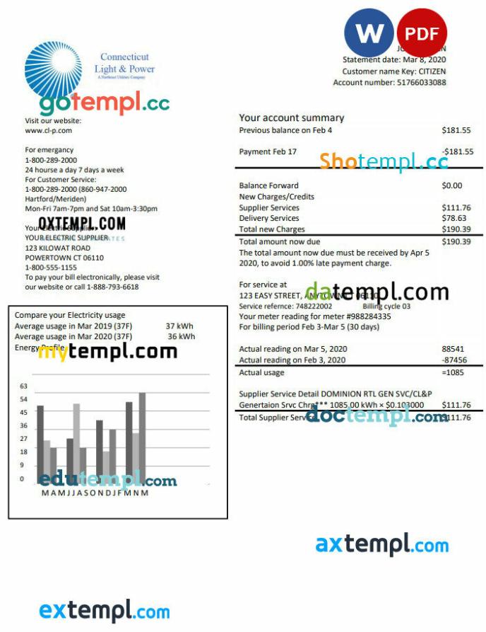 USA Connecticut Light & Power electricity utility bill in Word and PDF format