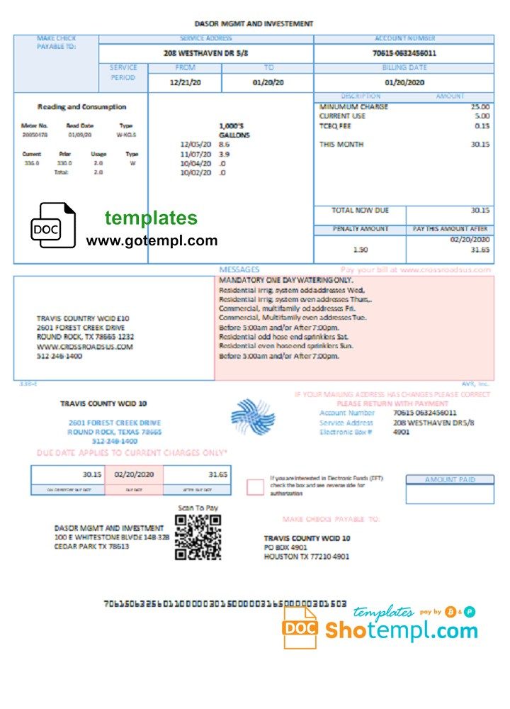 USA Texas Dasor Management and Investment utility bill download example in Word nd PDF format