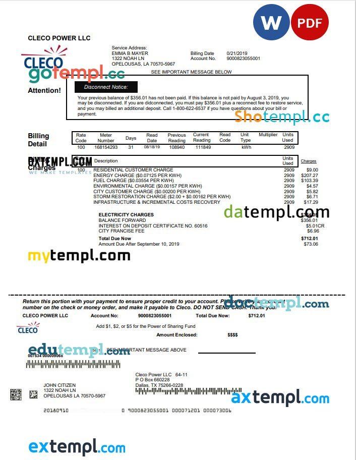 USA Louisiana Cleco Power electricity utility bill template in Word and PDF format