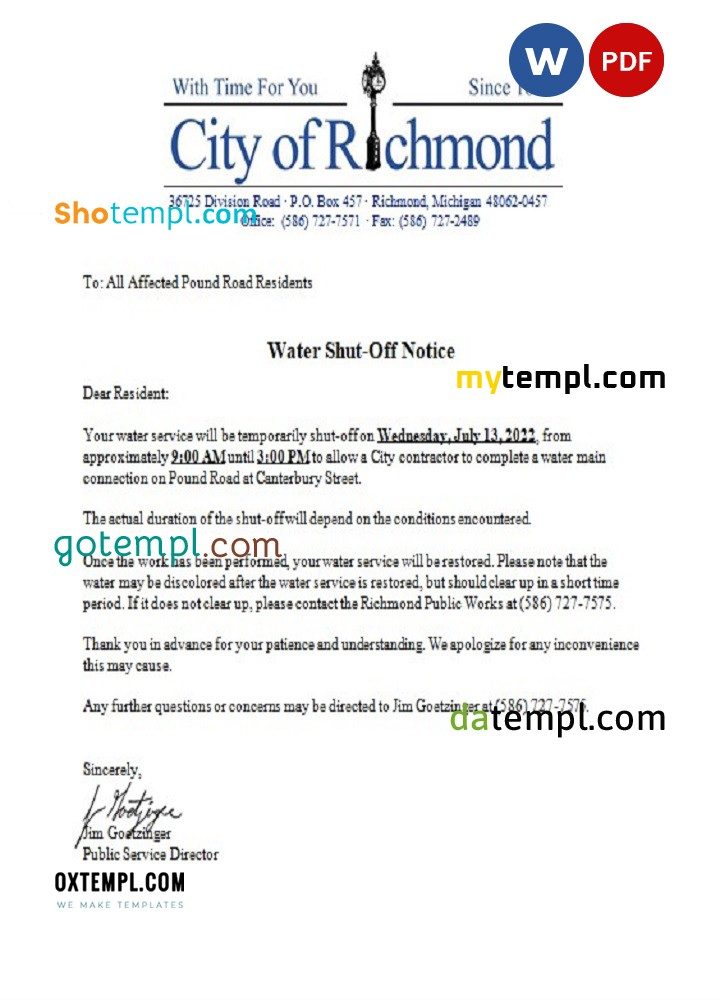 USA Michigan City of Richmond water utility bill download shutoff notice, Word and PDF example