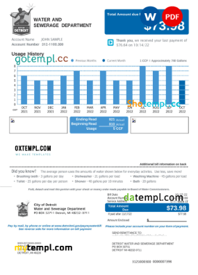 USA Michigan Water and Sewerage Department utility bill download, Word and PDF example, 2 pages