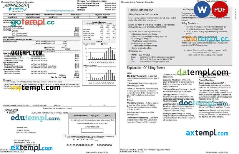 USA Minnesota Energy utility bill, Word and PDF template, 2 pages