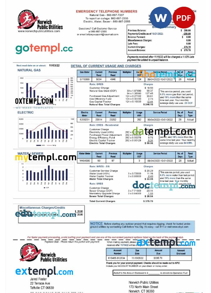 USA Norwich Public Utilities utility bill download Word and PDF example