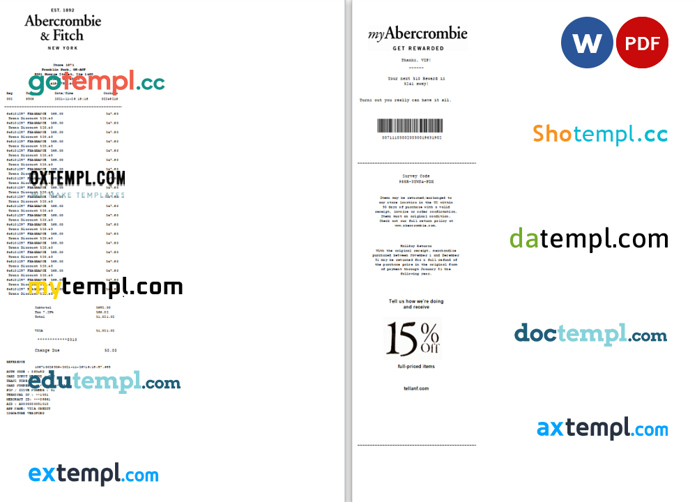 USA New York Abercrombie & Fitch payment check/receipt example Word and PDF example, fully editable