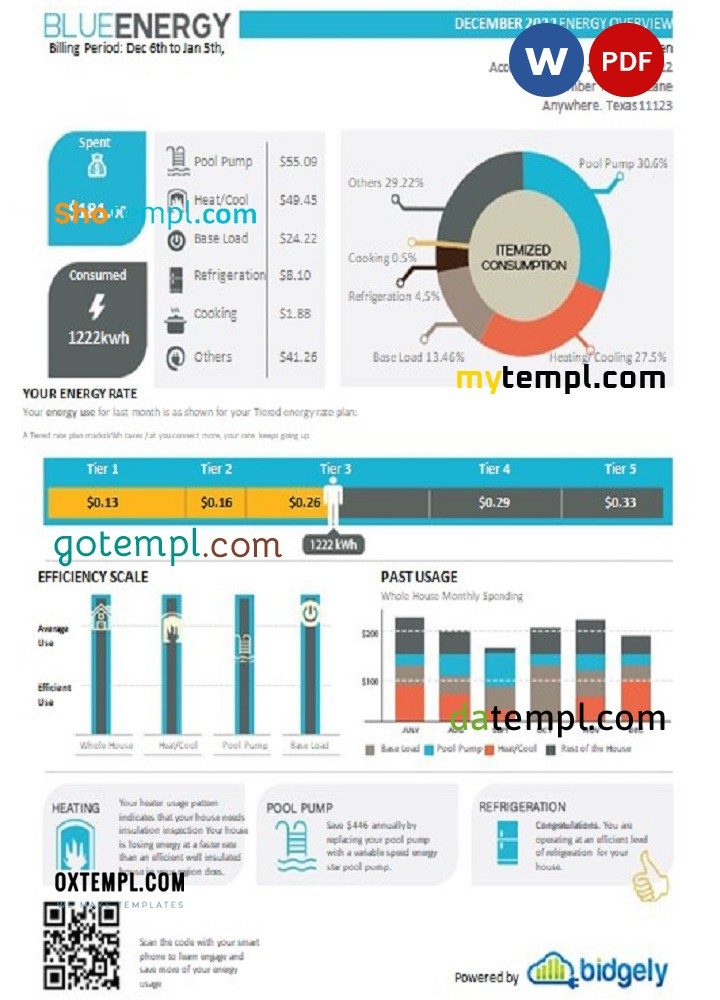 USA Texas Blue Energy utility bill download, Word and PDF example