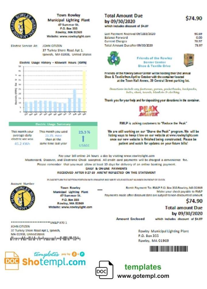 USA Massachusetts Town of Rowley Municipal Lighting Plant electricity utility bill download example in Word and PDF format
