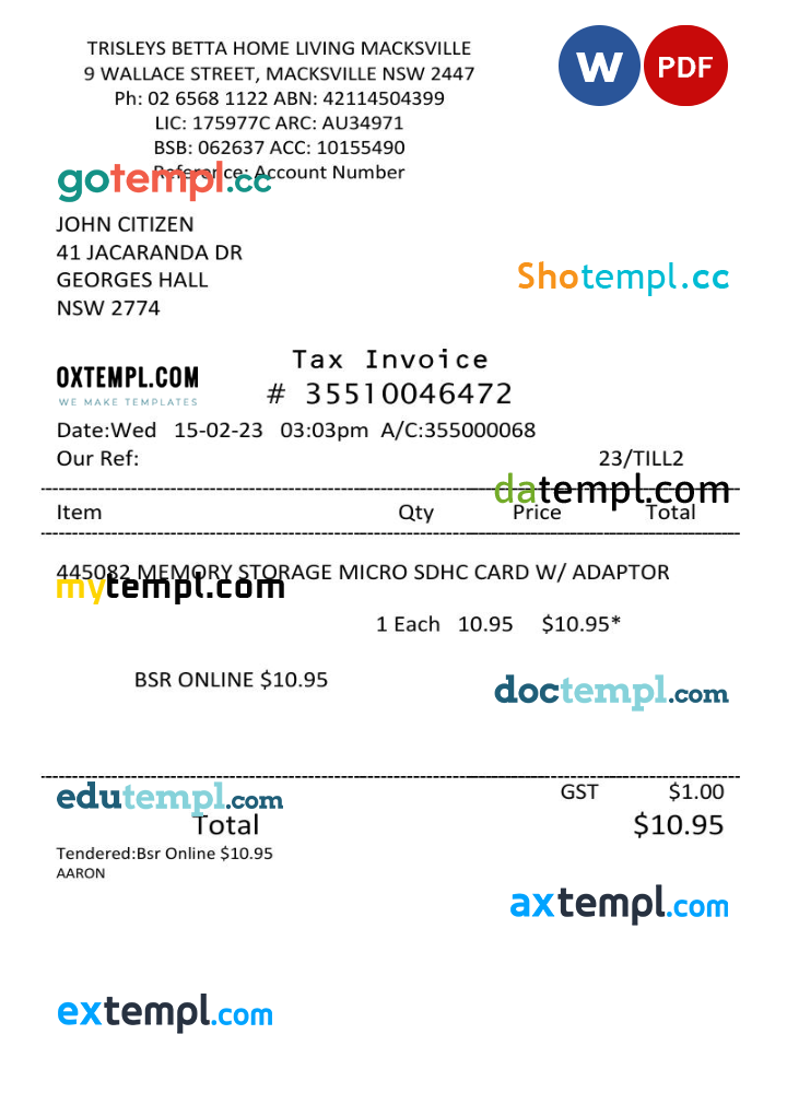 USA Trisleys Betta Home tax invoice Word and PDF example