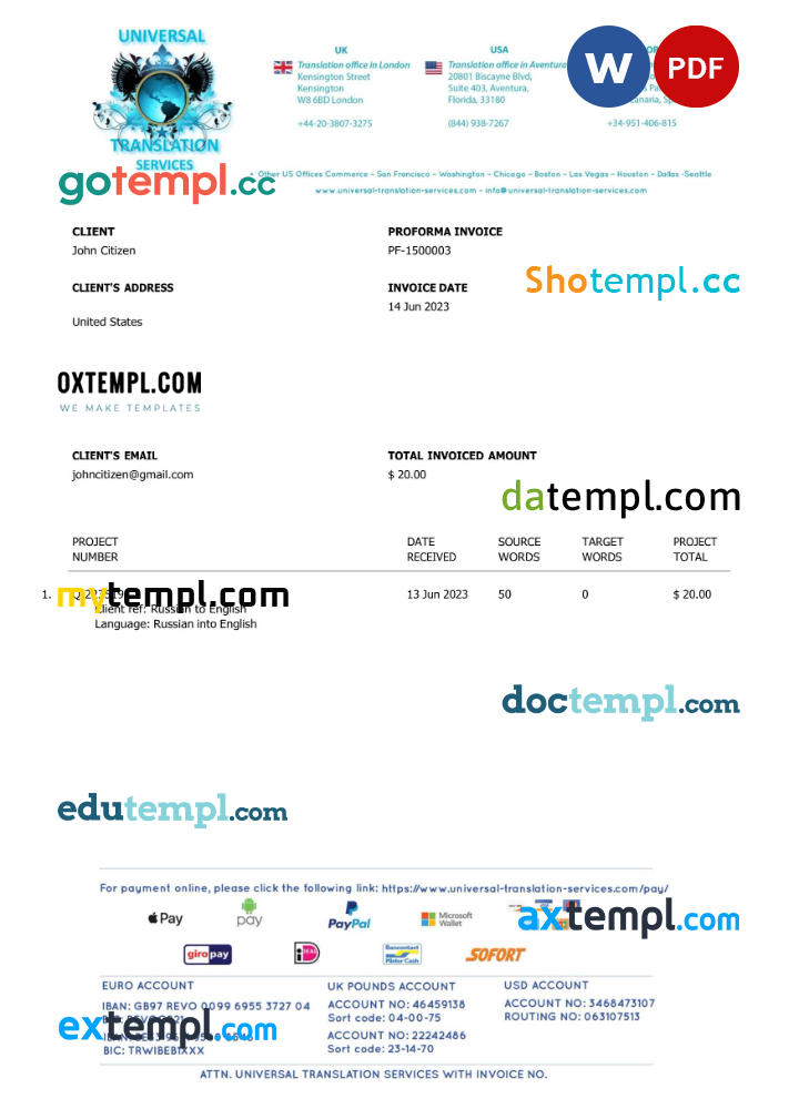 USA Universal Translation Services invoice Word and PDF example